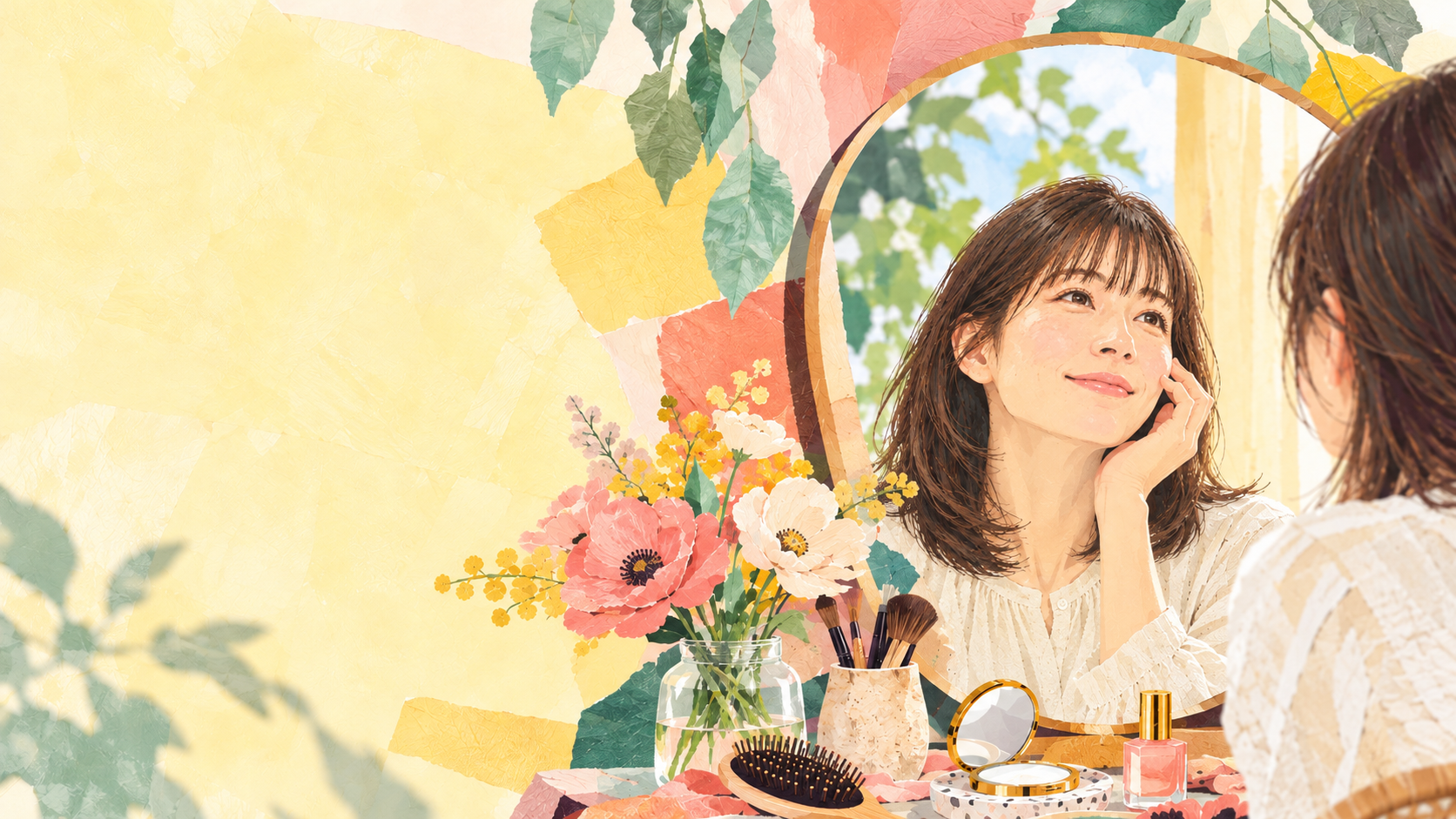 40代女性が鏡を見る明るいコラージュイラスト