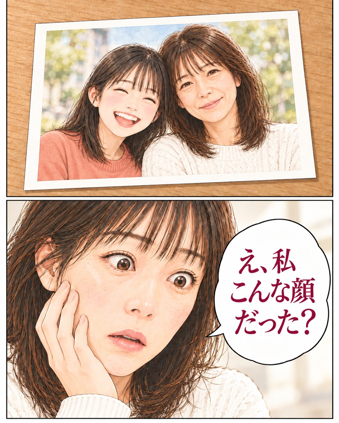 2コマ漫画。娘と並んだ写真を見たミオが、自分の顔に『え、私こんな顔だった？』と驚く。