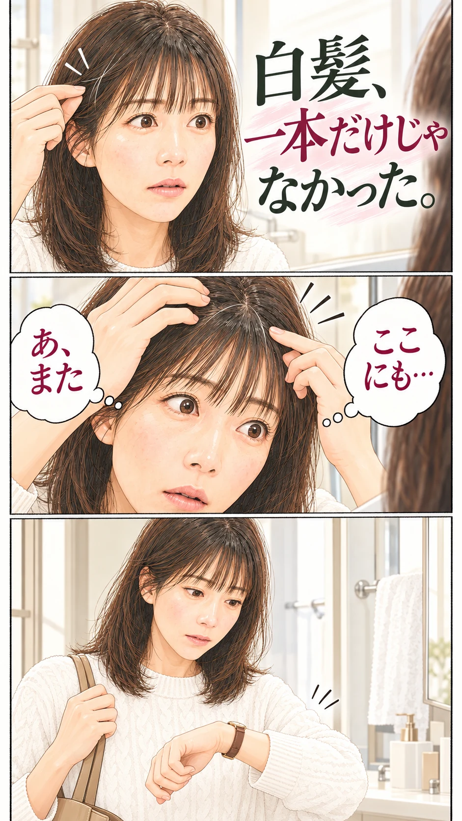 白髪、一本だけじゃなかった。髪をかき上げて、ここにもと気づく。