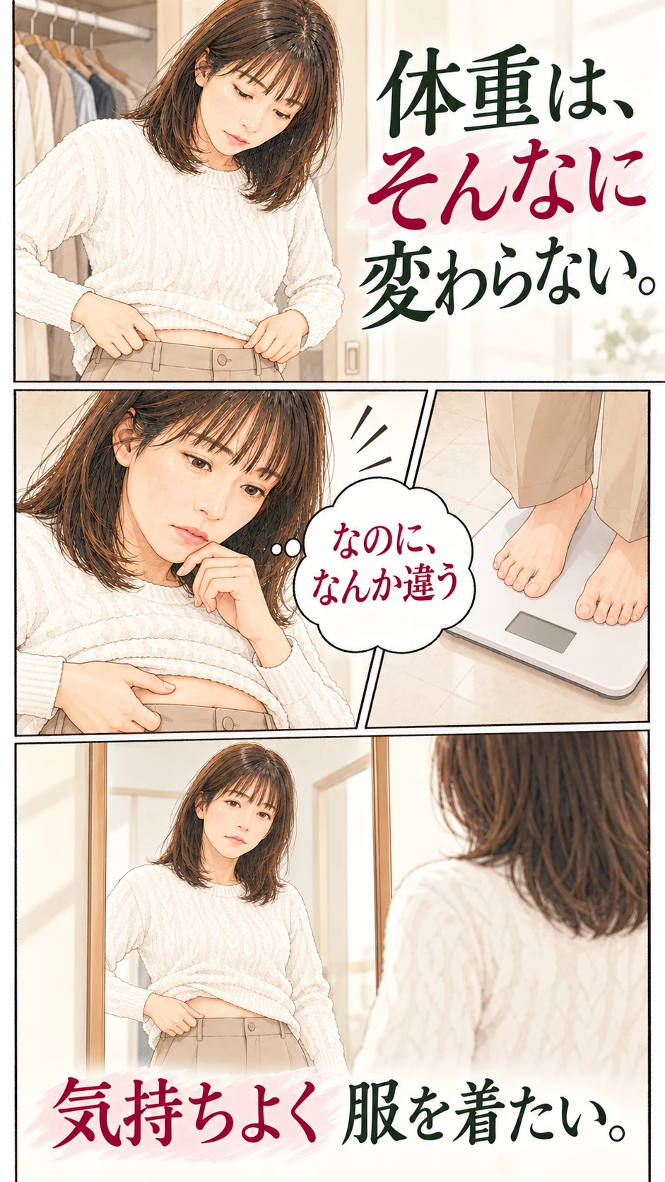 体重はそんなに変わらない。いつものパンツをはいて、身体の変化を感じる。