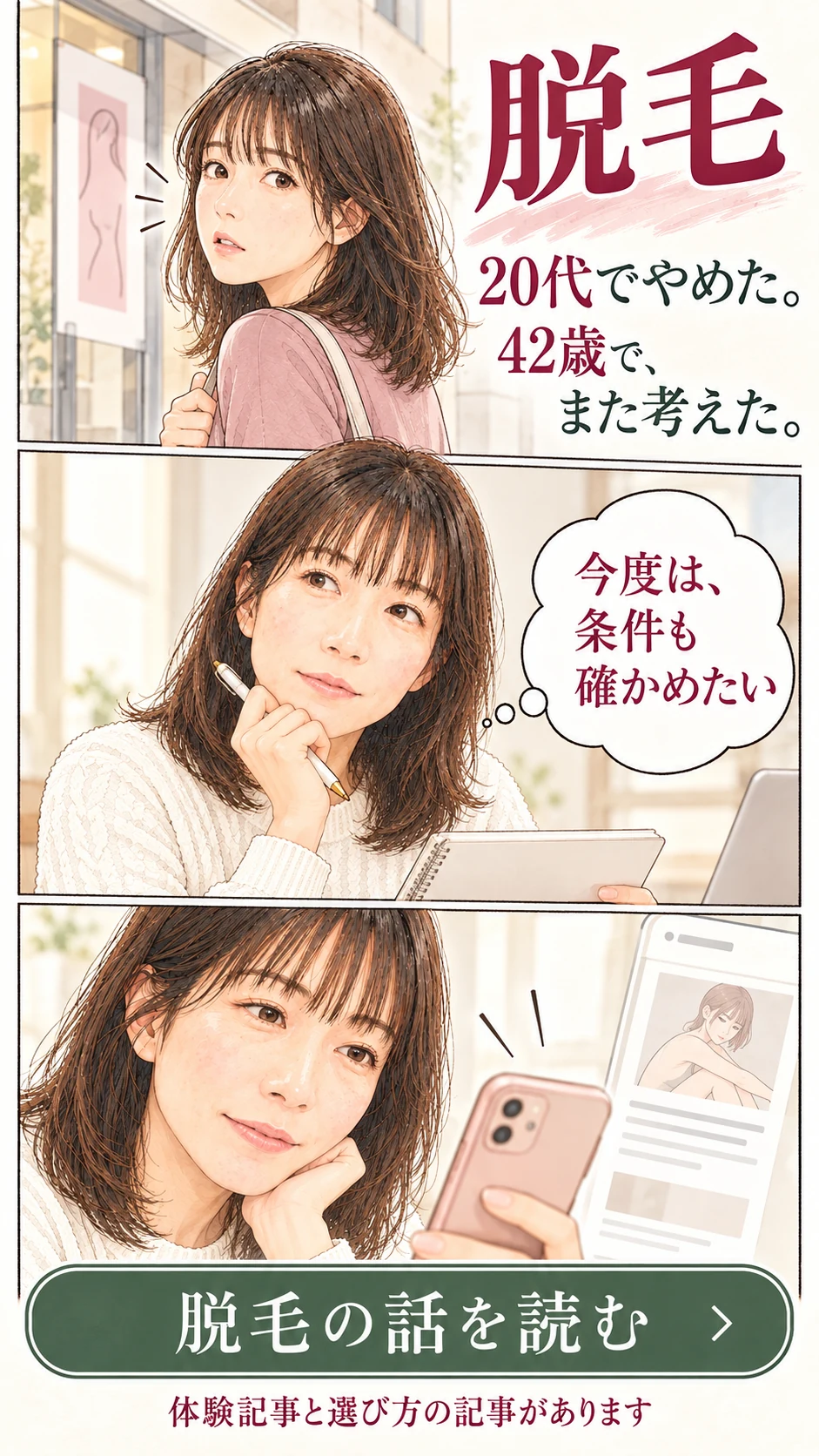 脱毛。20代でやめた。42歳でまた考えた。脱毛の話を読む。